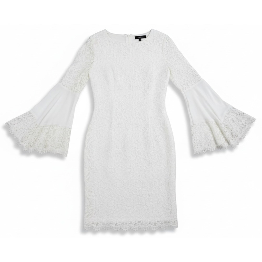 White House Black‎ Market Lace Bell Sleeve Dress Size 8 White Sheath NWT Elegant